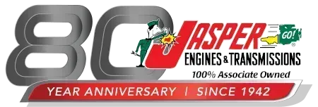 80th anniversary Jasper Engines & Transmissions logo with red and silver text, celebrating since 1942