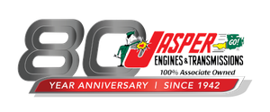 80-year anniversary logo for Casper Engine & Transmissions, with red and gray text and a ribbon reading “Since 1942”