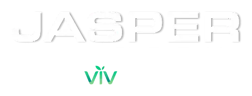 White background with embossed silver “JASPER” and green “viv” logo beneath.