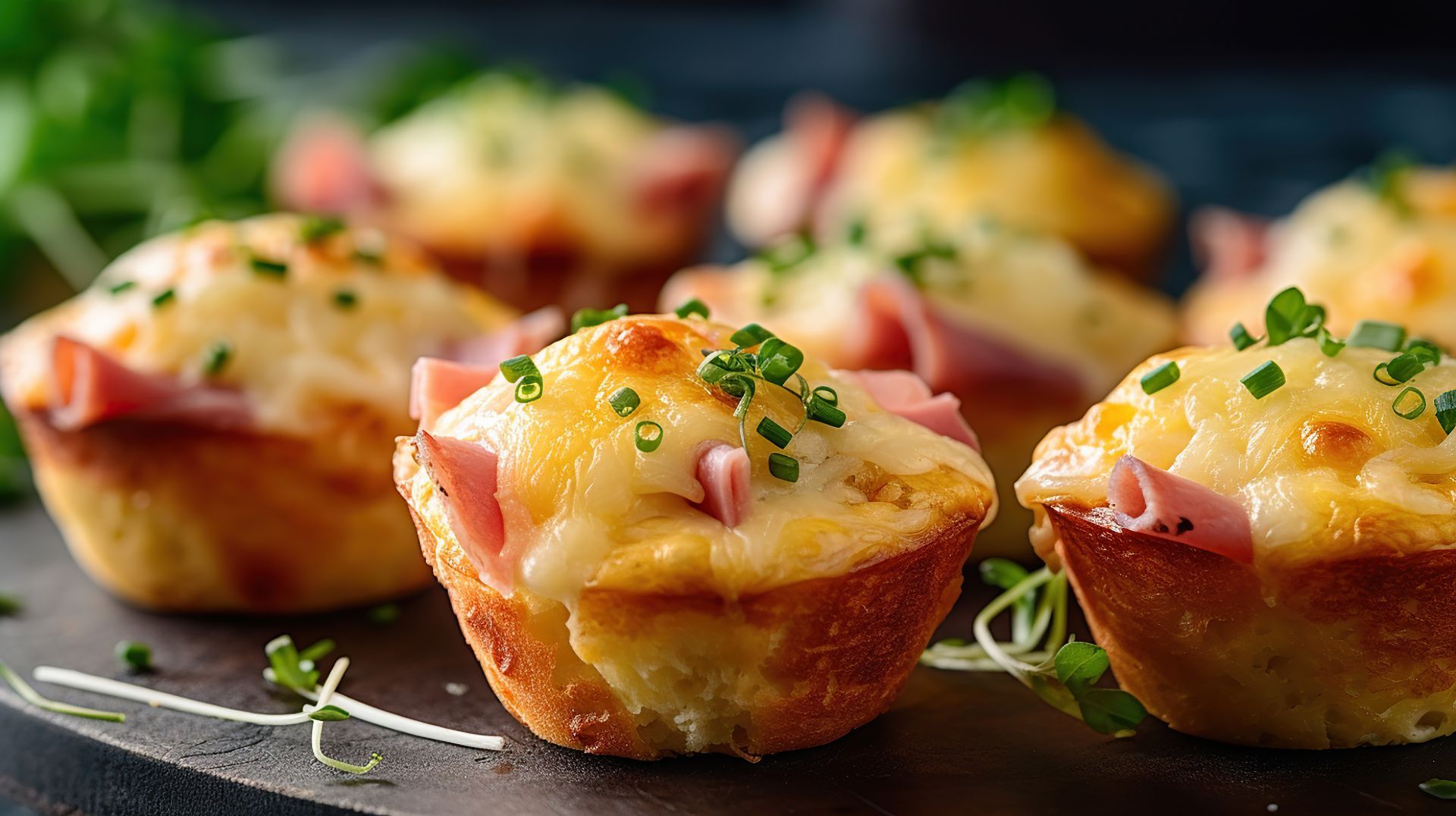 A close up of a bunch of muffins with ham and cheese on a table.