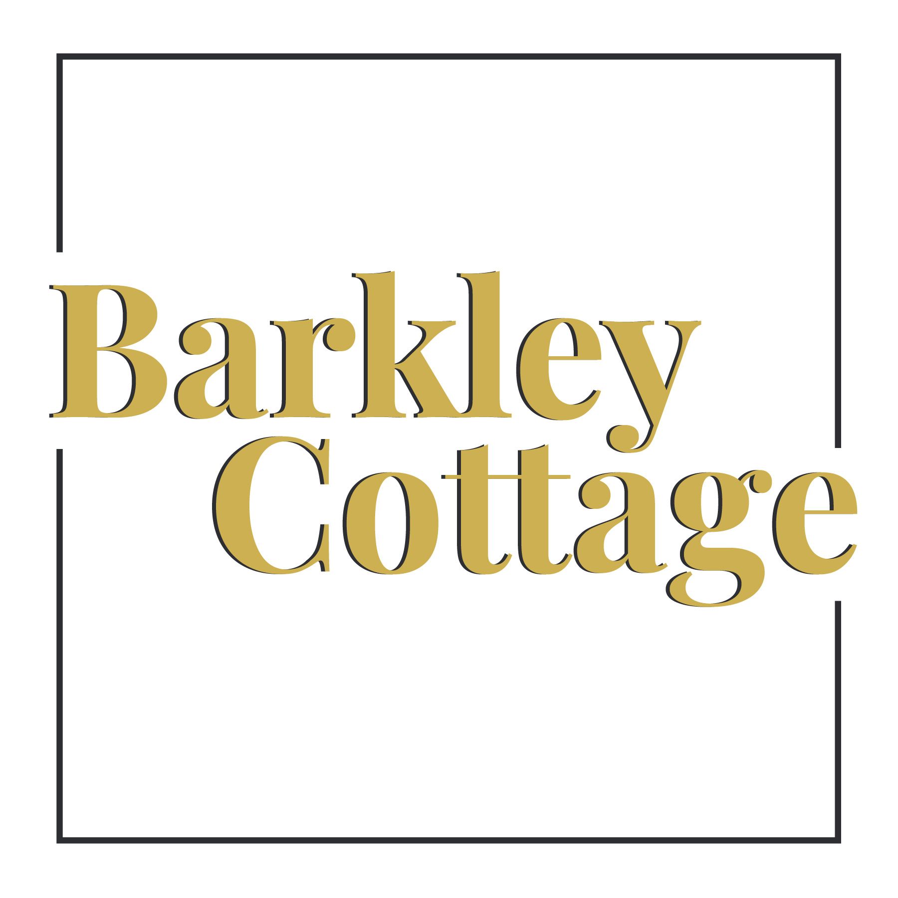 The barkley cottage logo is a square with gold letters on a white background.