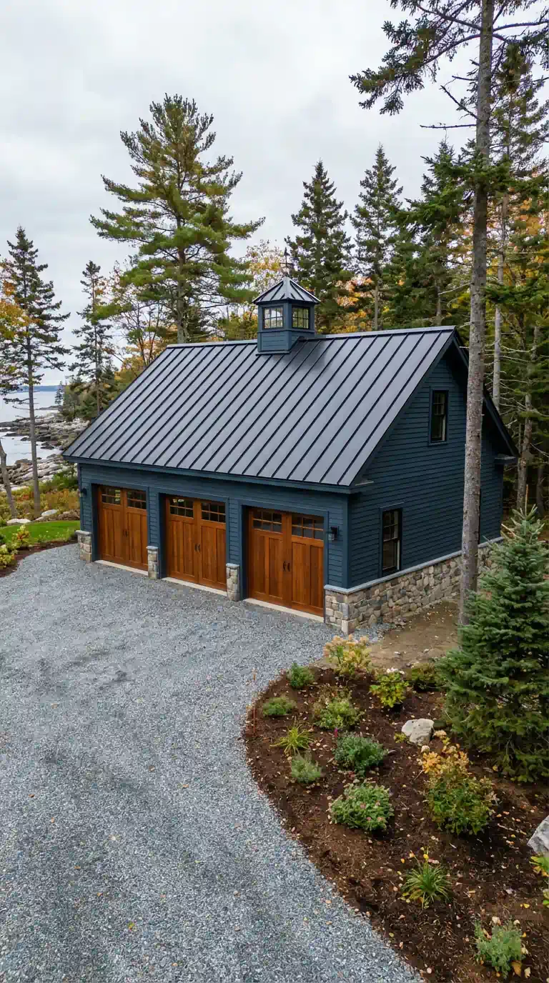 Two-story house with a large deck, surrounded by trees. Tan siding, angled roof, and light wood deck.