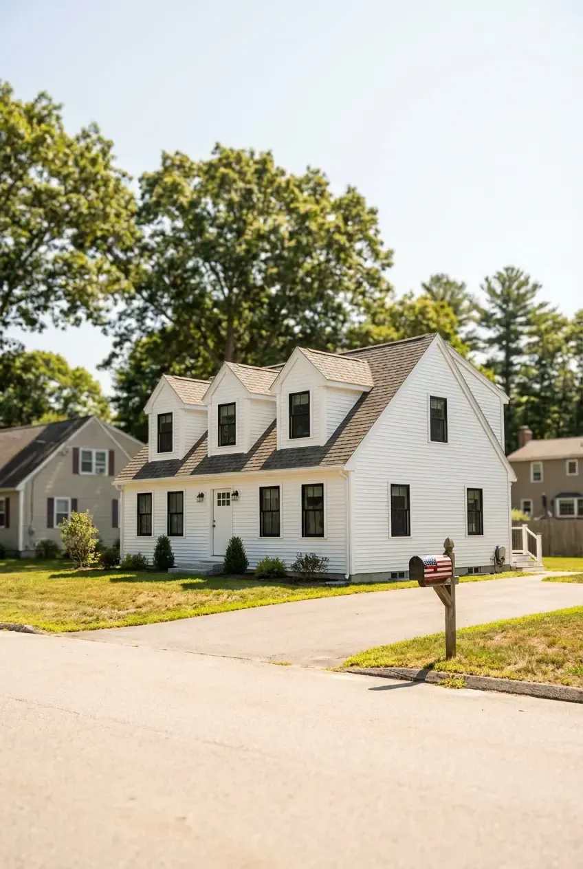 A white two-story house with black window frames, three gabled dormers, and a driveway with a mailbox in the foreground.