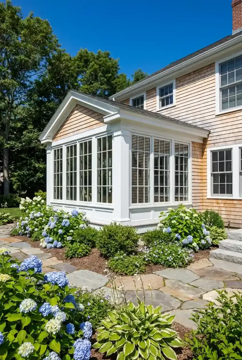 Bright white sunroom addition on a beige house, bordered by blue hydrangeas and stone garden paths