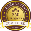 Emblem: Celebrating over 250 completed projects since 1997. Maroon and gold.