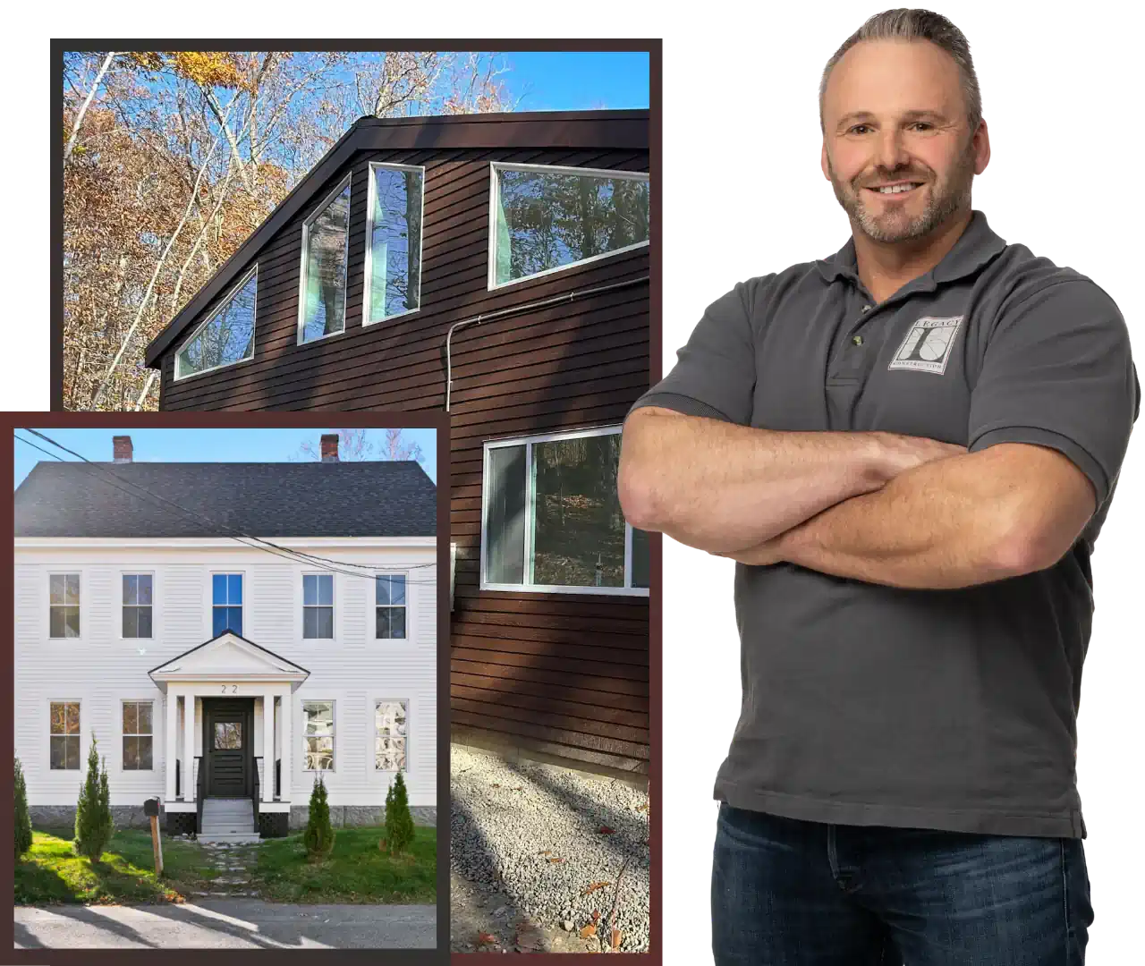 A contractor smiling, with showcases of Maine nprojects in the background.
