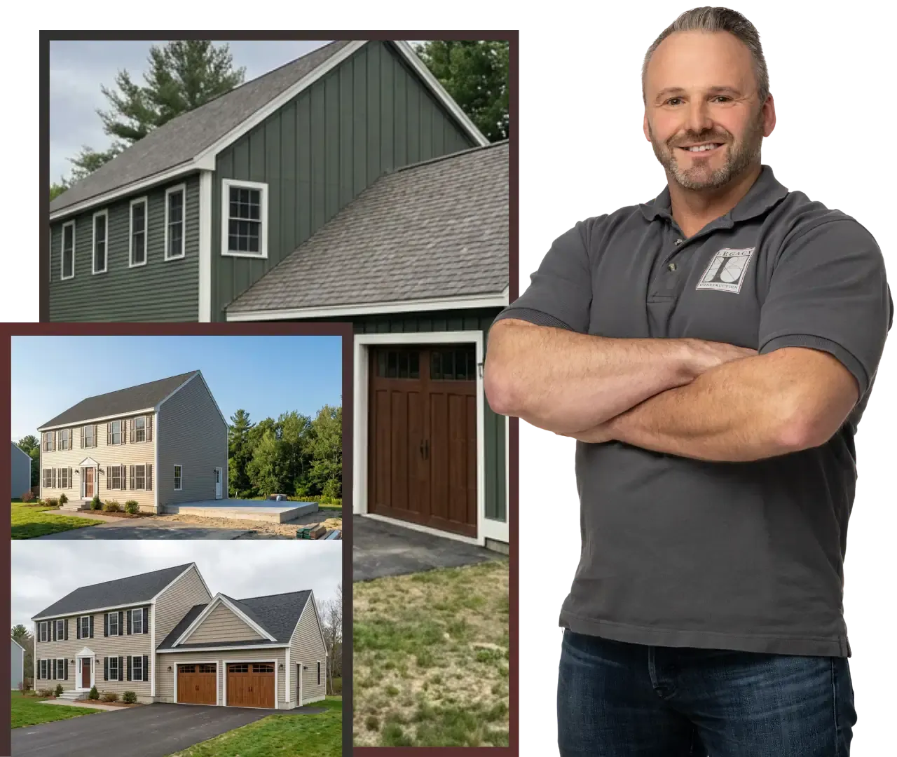A contractor smiling, with showcases of Maine nprojects in the background.