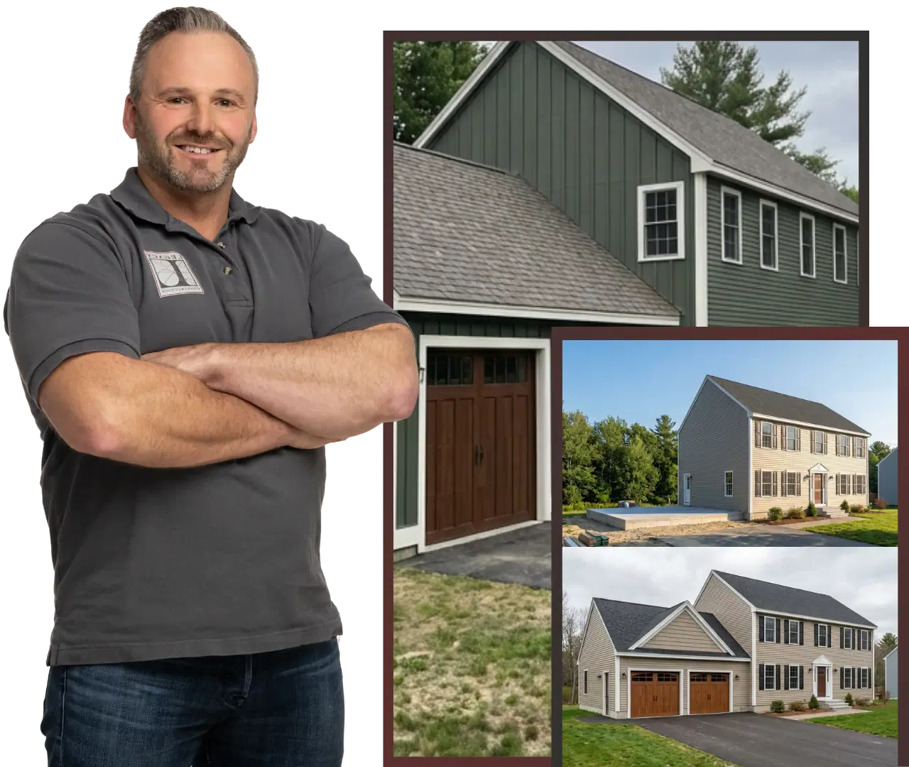 A contractor smiling, with showcases of Maine nprojects in the background.