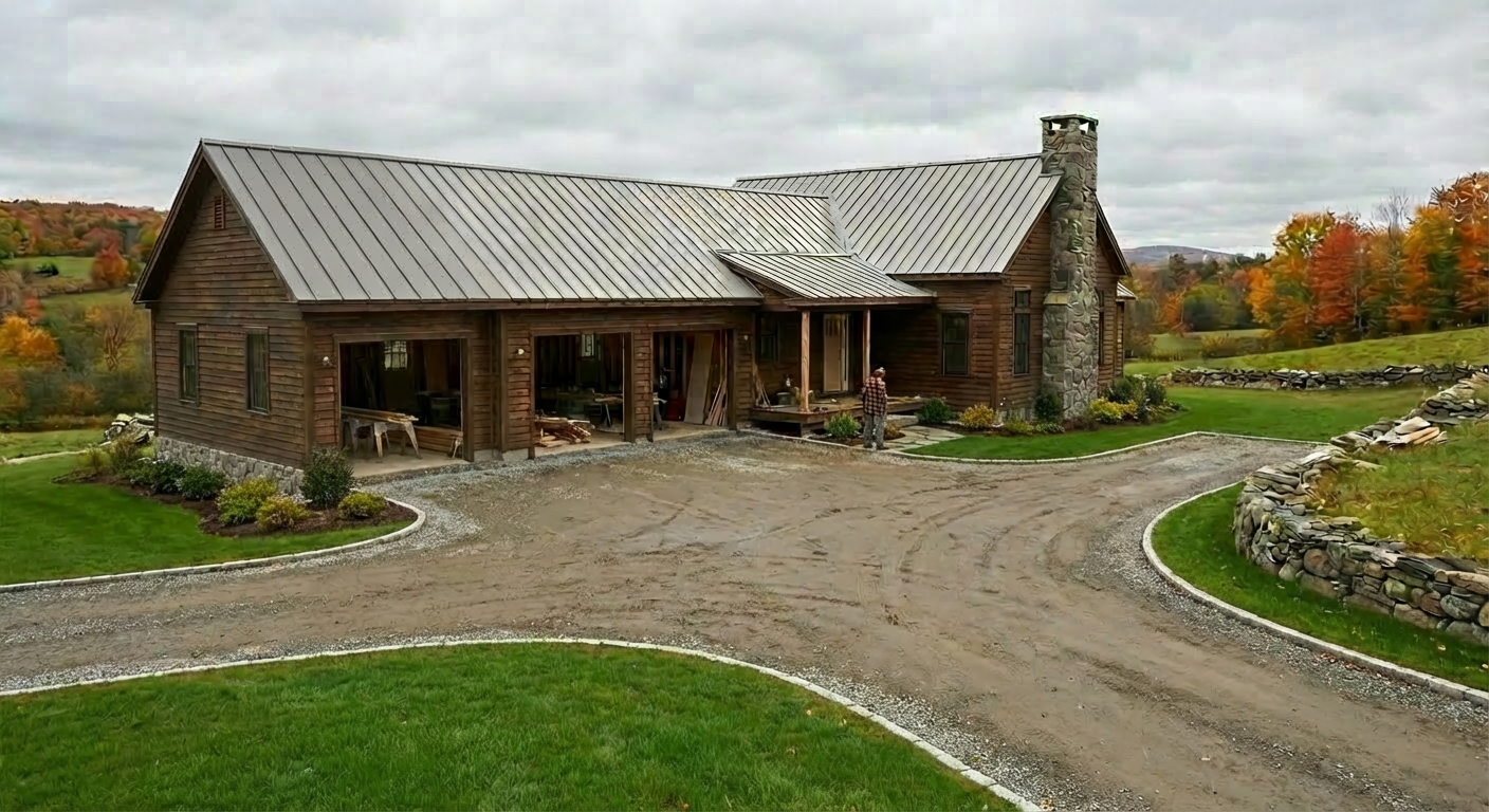 Wooden deck attached to a house with stairs, black railing, and support posts over a gravel area.