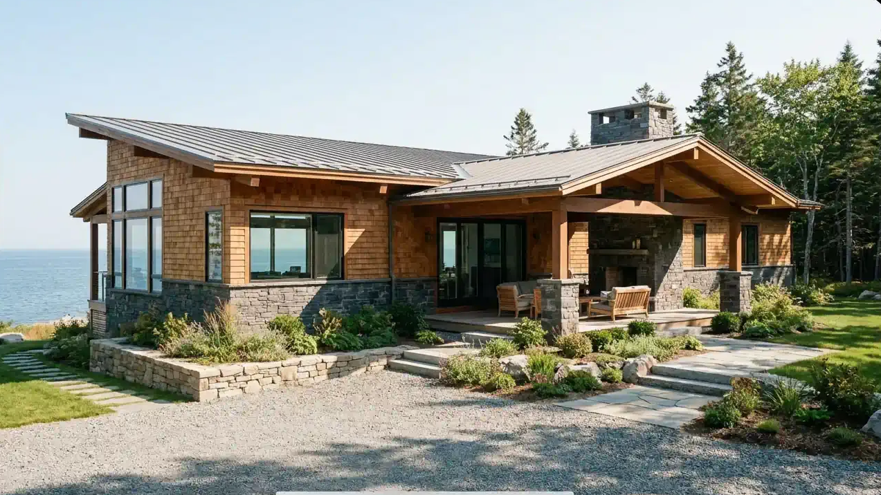 Navy blue kitchen with white countertops and island, wooden floors, and woven pendant lights.