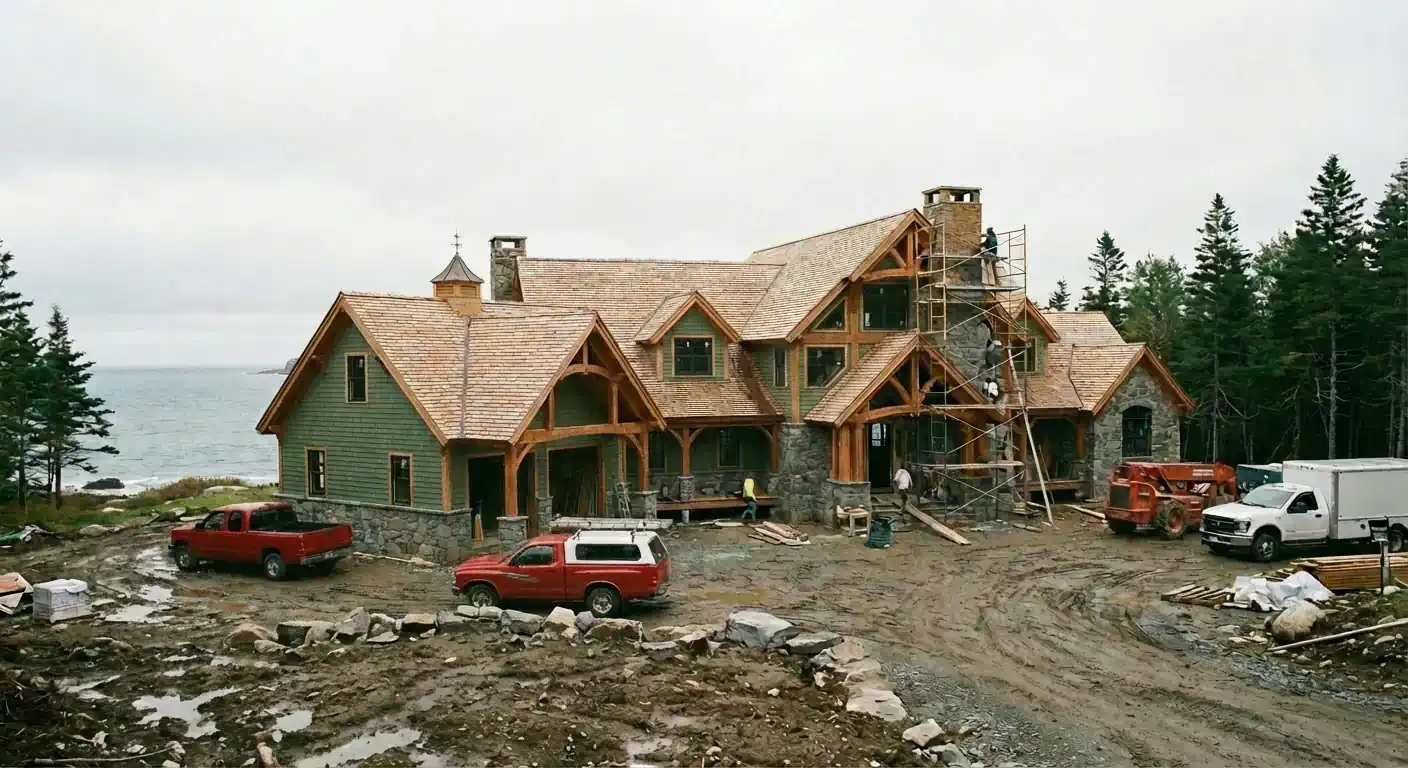 Kitchen with large windows, sunlight, grey cabinets, wooden bar stools, and pendant lights.