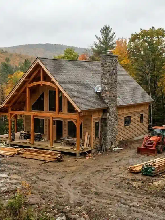 Wooden deck attached to a house with stairs. Black railings, tan siding, and a gravel base.