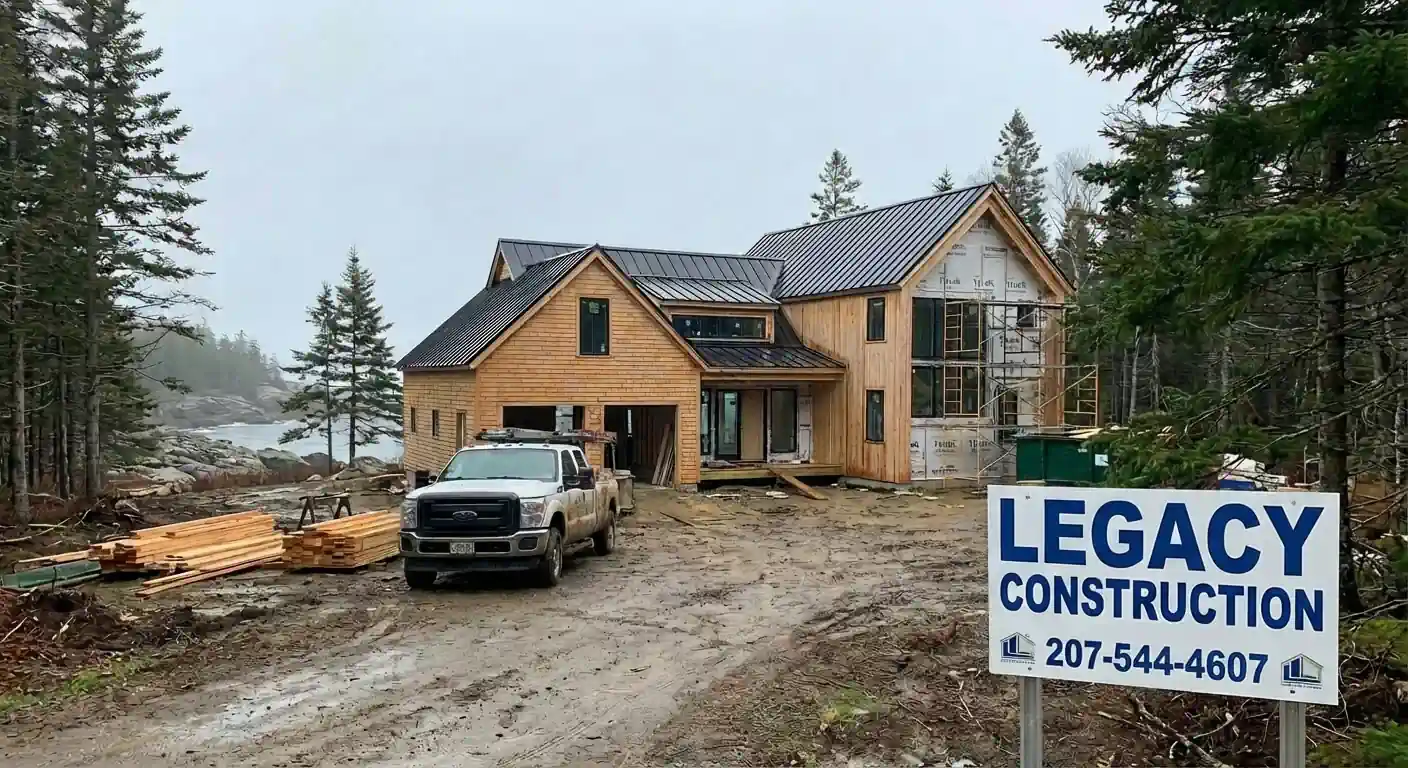 Wooden deck attached to a house with stairs. Black railings, tan siding, and a gravel base.
