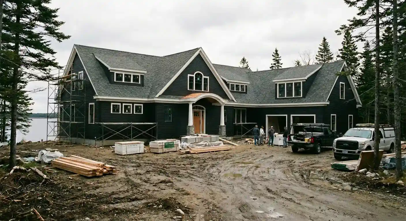 Interior of a wood-paneled cabin with a wood stove, windows, and unfinished cabinets.