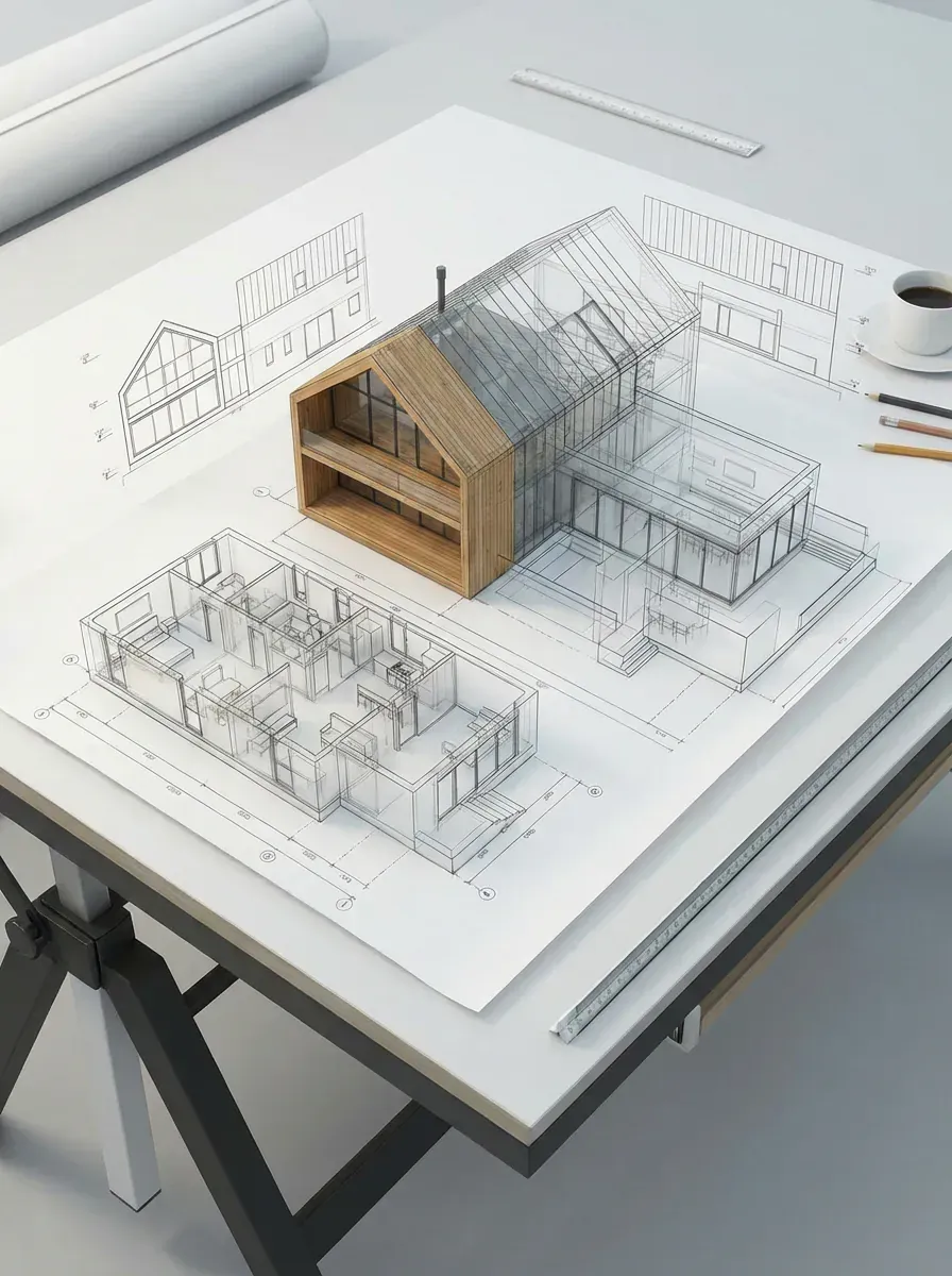 Architect's desk with house model, blueprints, and coffee.