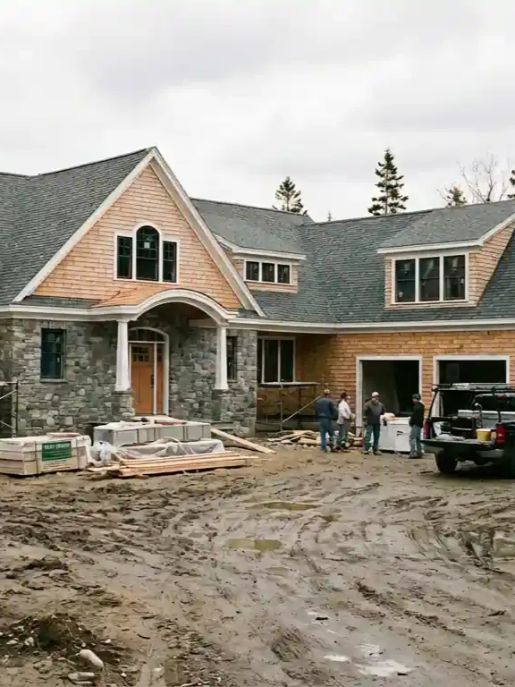 Wooden deck attached to a house with stairs, black railing, and support posts over a gravel area.