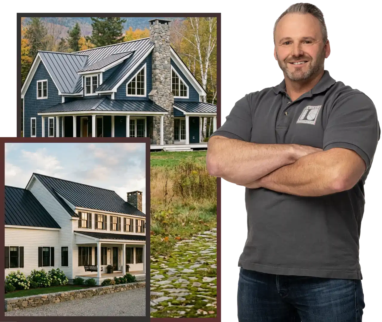 Smiling carpenter with two homes: red colonial and blue modern, with a cloudy sky backdrop.