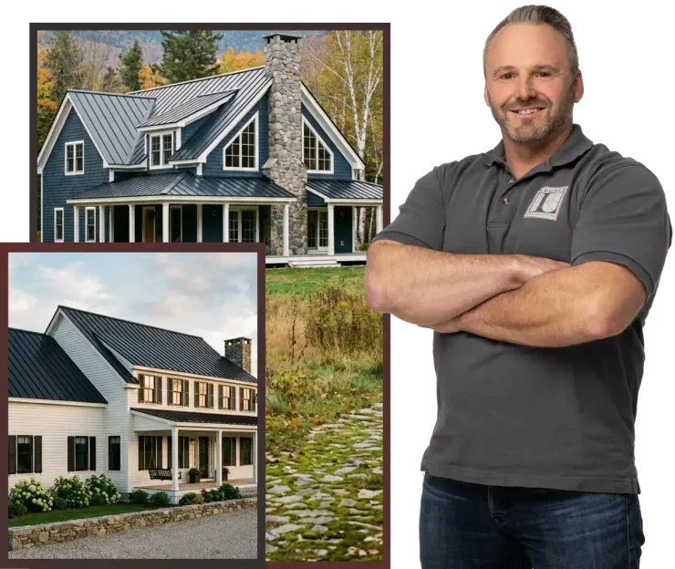 Carpenter smiling, framed by views of a lake, trees, and deck construction.