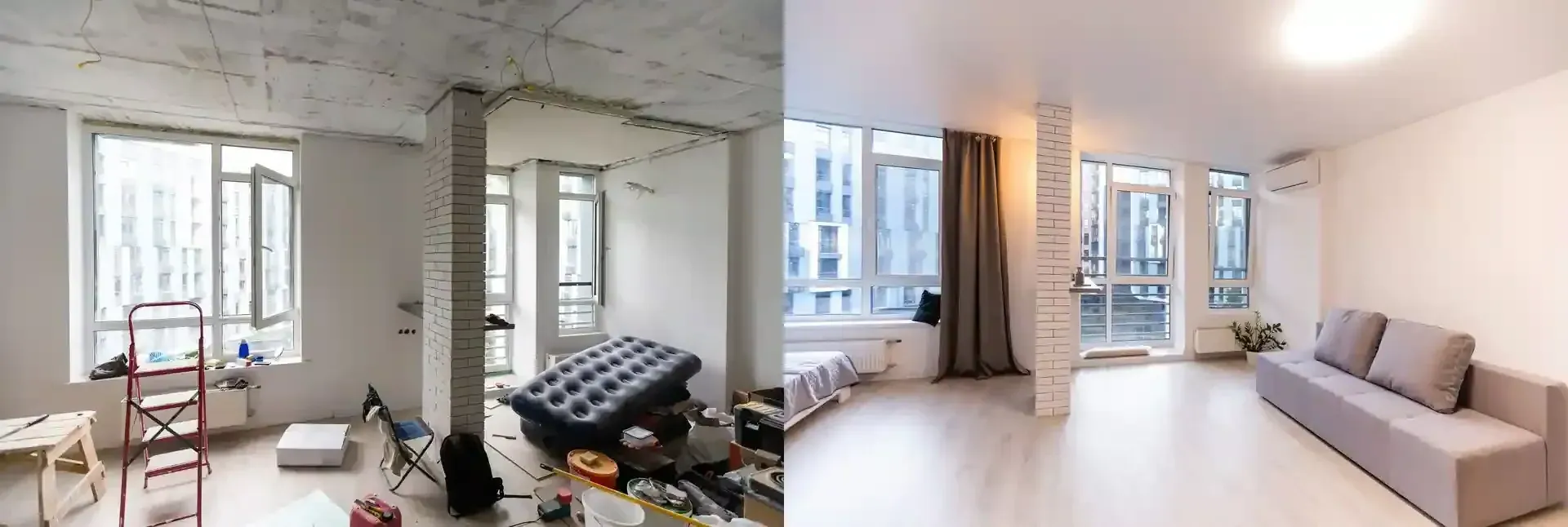Bright modern apartment interior with white walls, large windows, a black sofa, and a beige couch