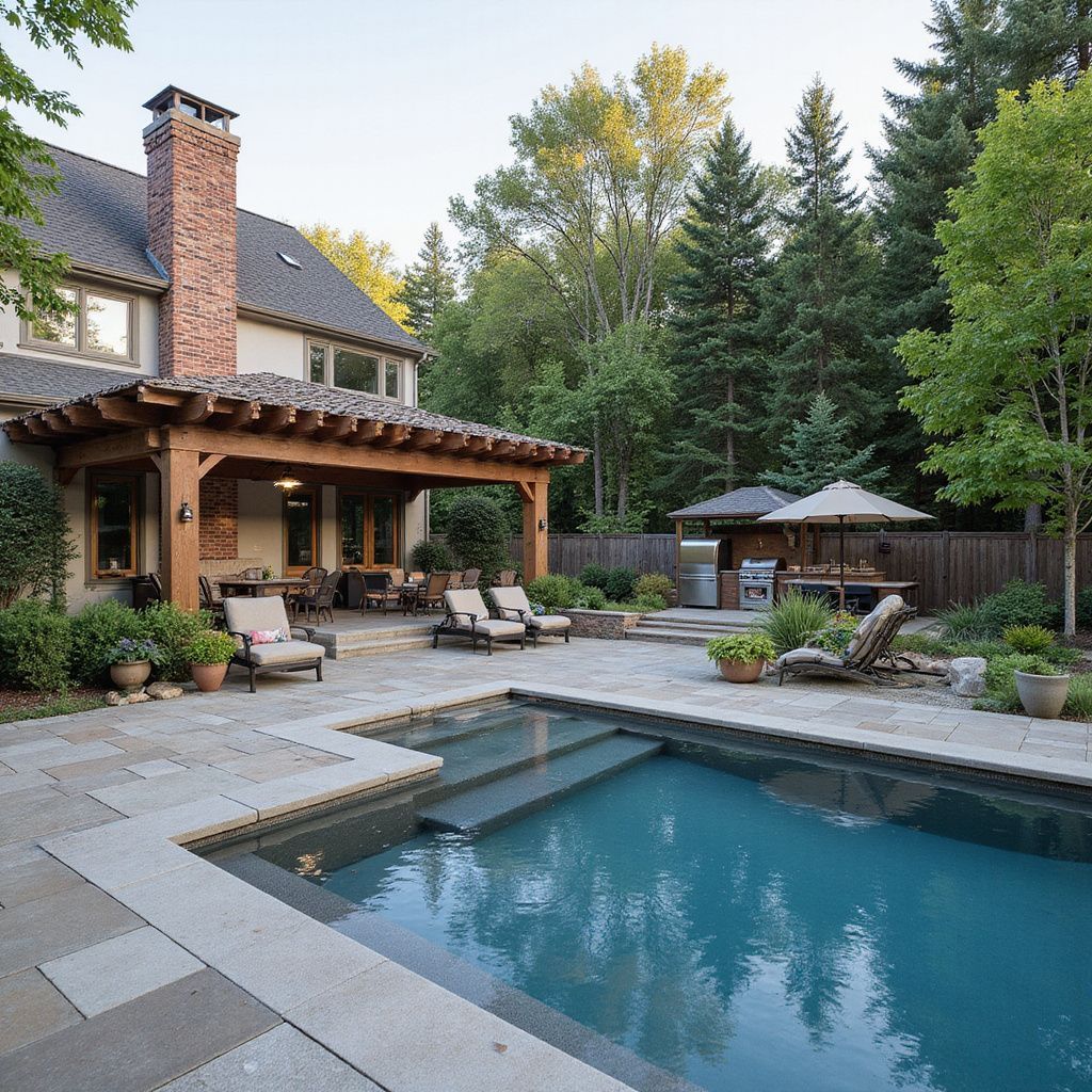 Backyard with pool, patio, and pergola, surrounded by trees and a brick chimney.