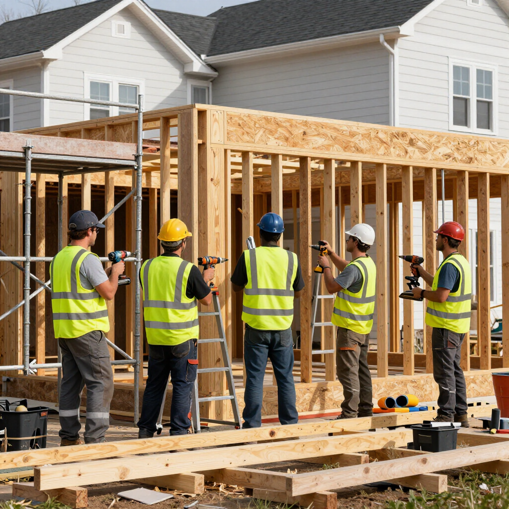 Construction workers in safety vests and hard hats framing a house under construction
