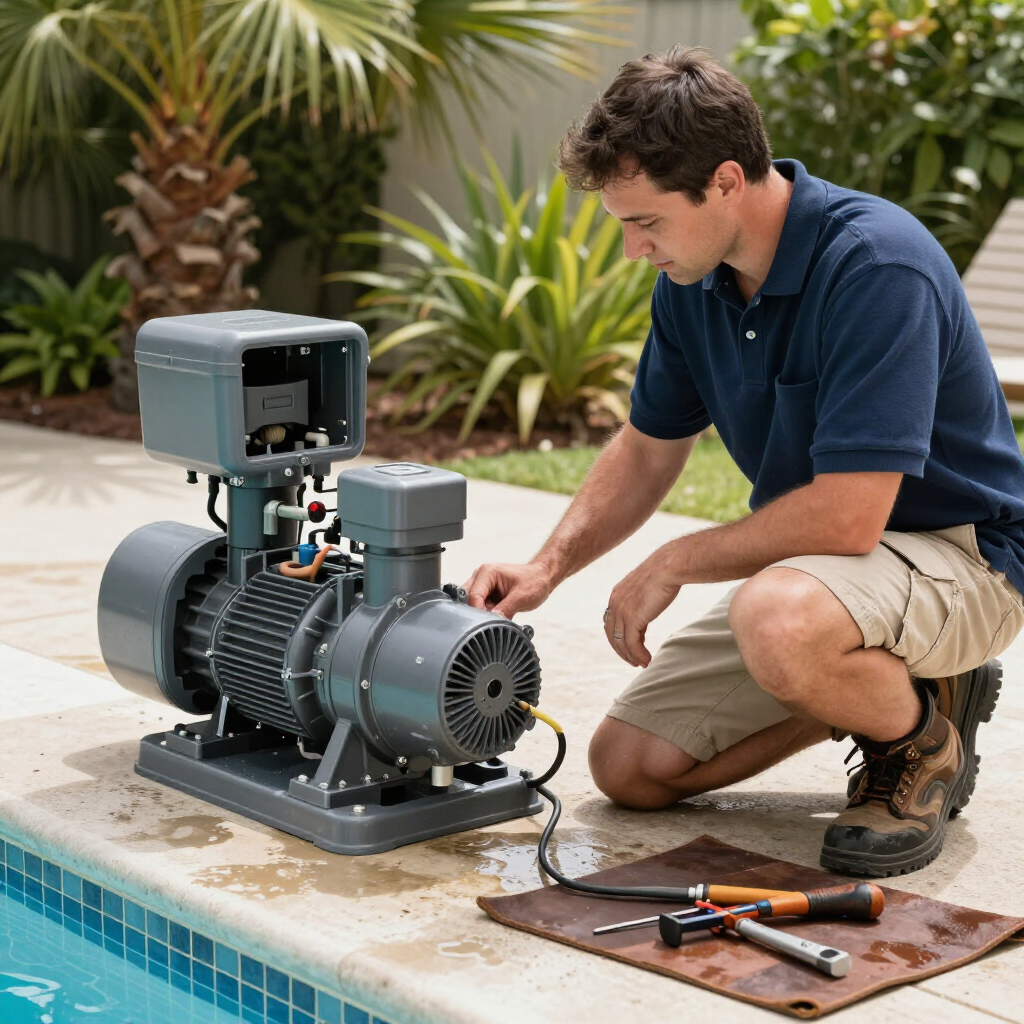 Technician kneeling by a pool pump motor, using tools on a mat beside a backyard pool.