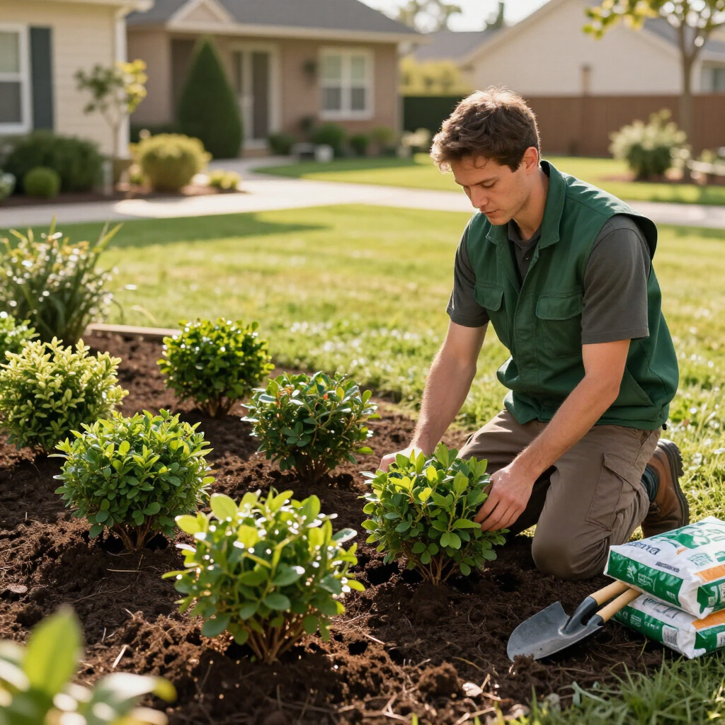 Man kneels planting shrubs in a sunny suburban yard, with gardening supplies beside him.