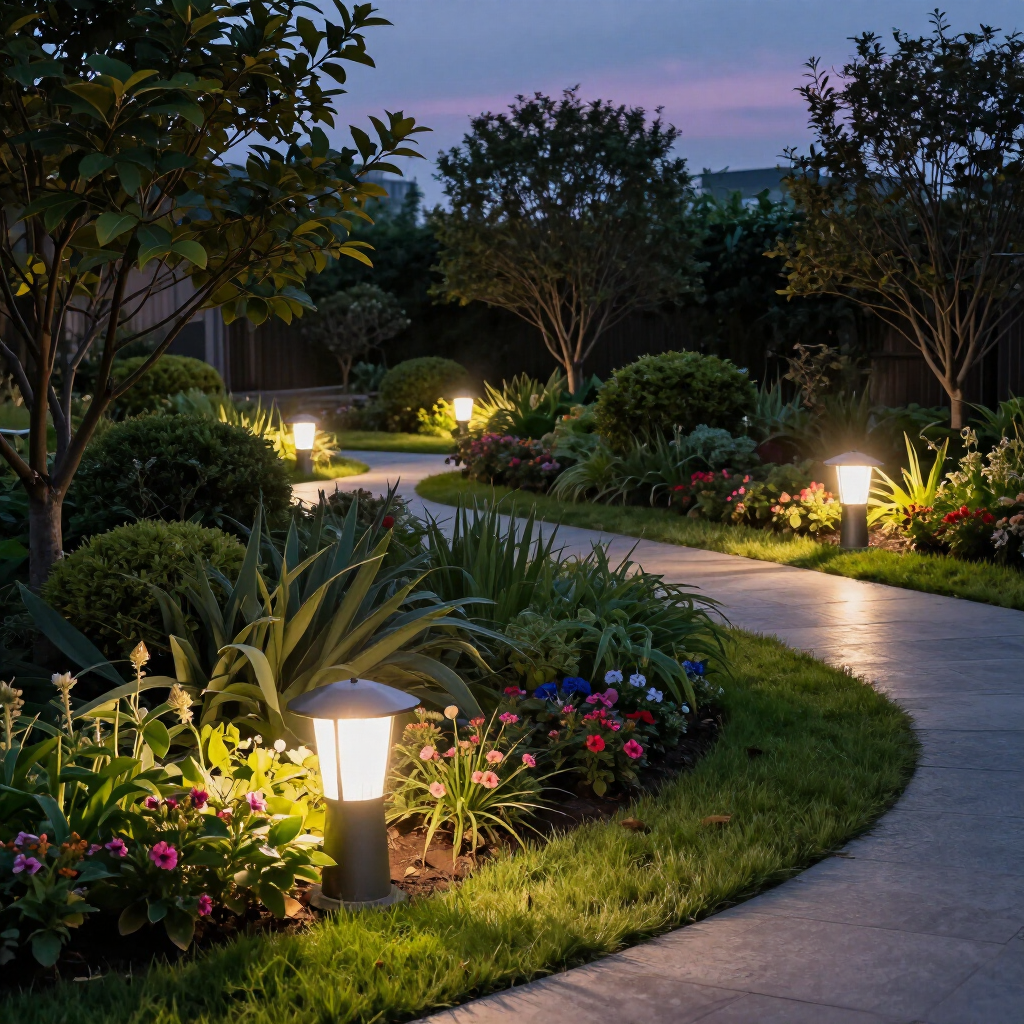 Lit garden path curving through lush flowerbeds at dusk, with warm lamp posts and trees in the background