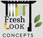 Logo for Fresh Look Concepts: Text under an arbor with color swatches and leaves.