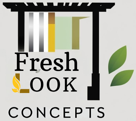 Logo for Fresh Look Concepts: Text under an arbor with color swatches and leaves.