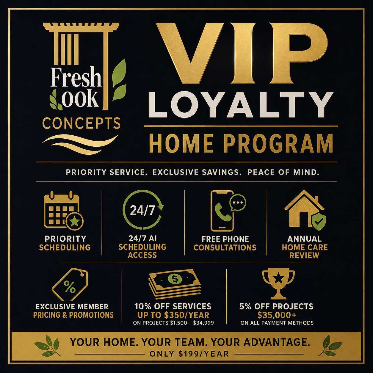 Fresh Look Concepts VIP loyalty home program flyer with gold-on-black service icons and offers