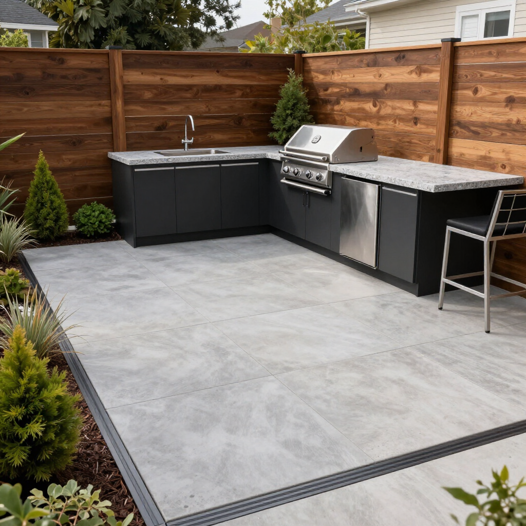 Modern backyard patio with outdoor kitchen, grill, sink, and wood privacy fence