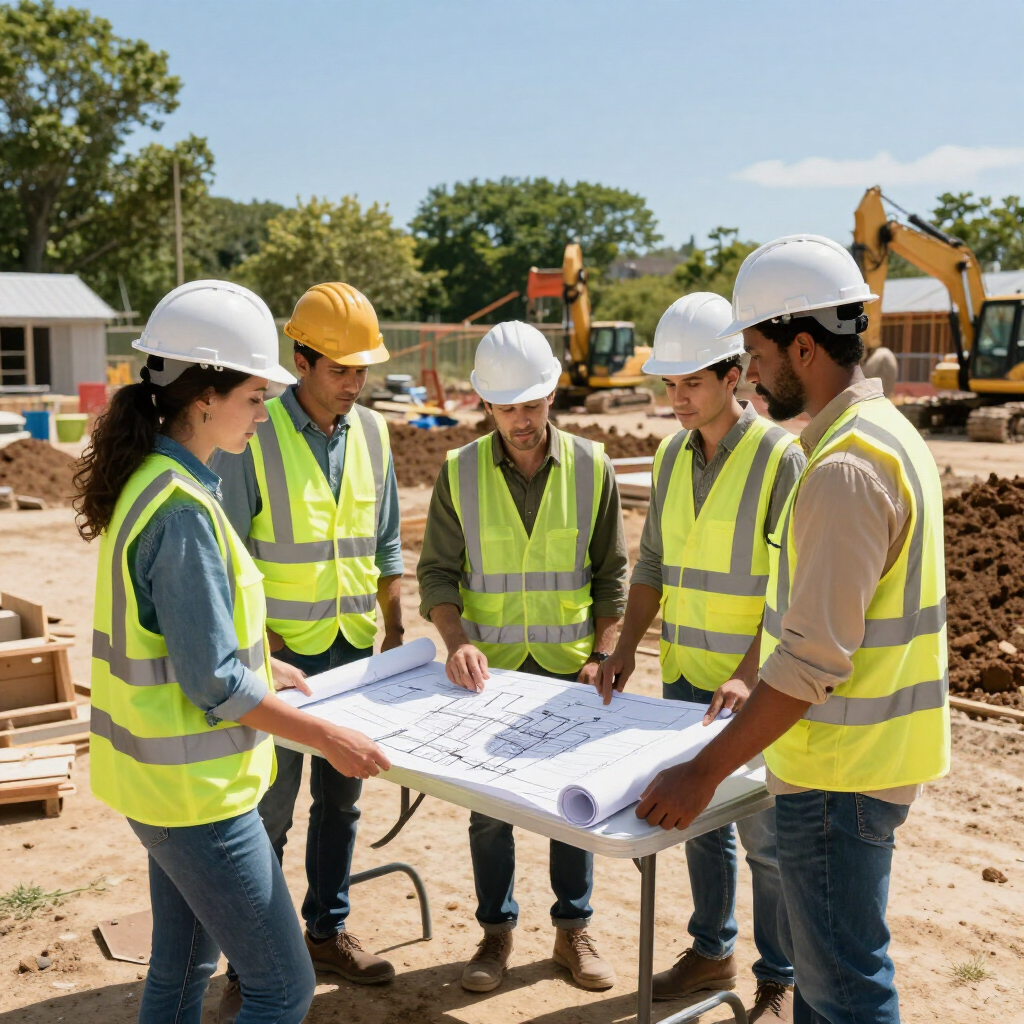 Construction team reviewing blueprints at a building site with excavators in the background