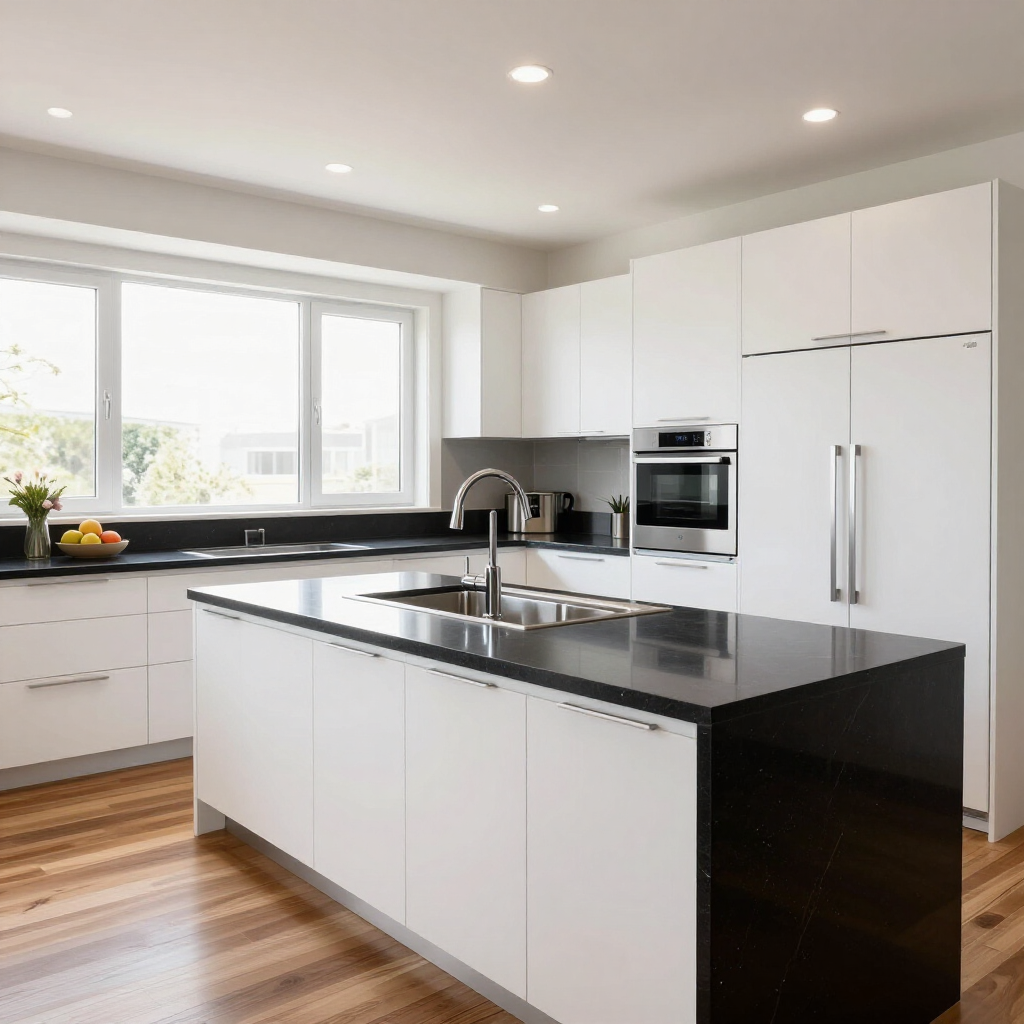 Modern white kitchen with black countertops, island, stainless appliances, and large windows