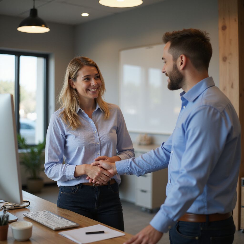 Woman and man shaking hands in an office setting. They are smiling.