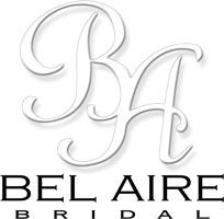 A white logo for belaire bridal on a white background.