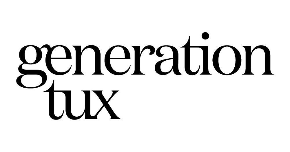 A black and white logo for generation tux on a white background.