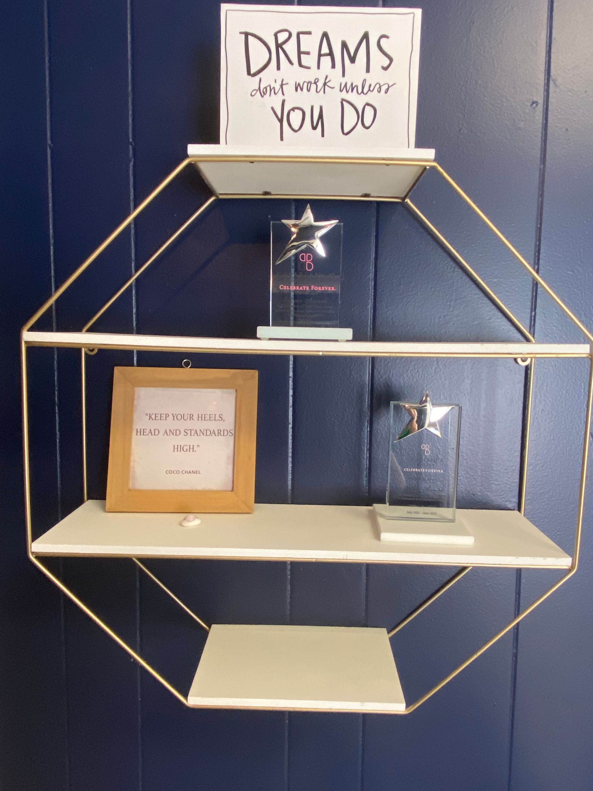 A shelf with a sign that says dreams you do