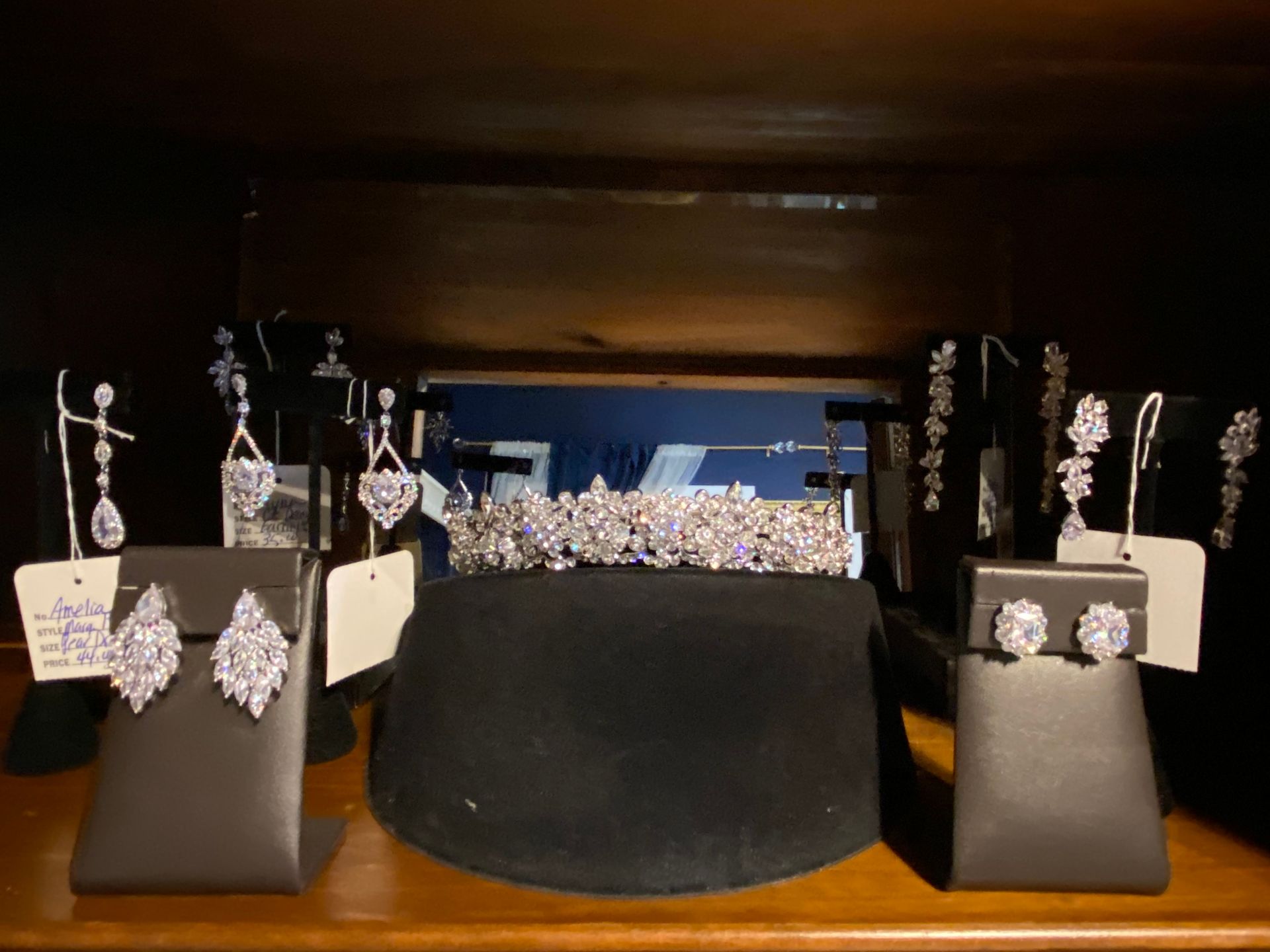 A display of jewelry including earrings and bracelets