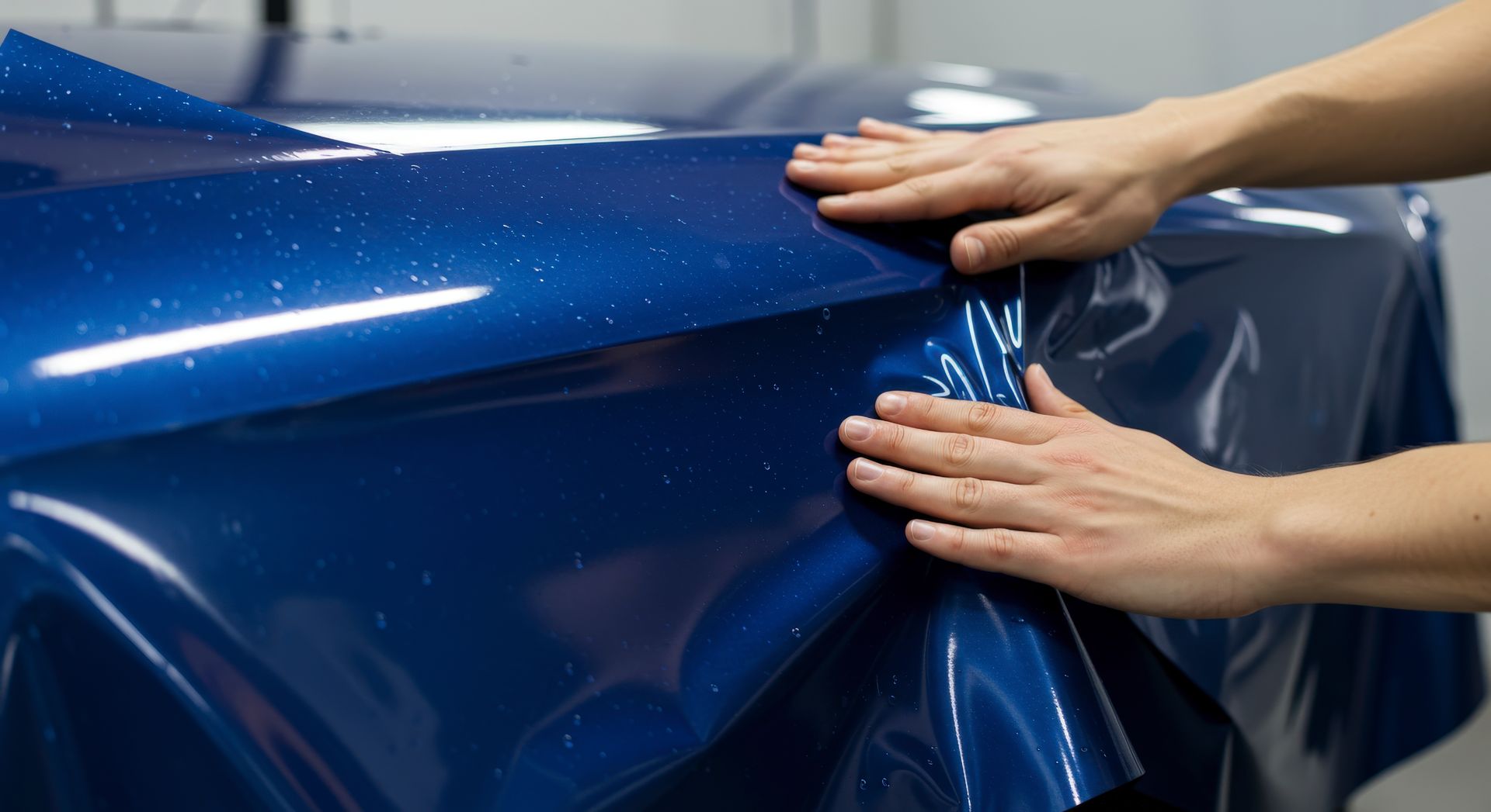 A person is wrapping a blue car with plastic wrap.