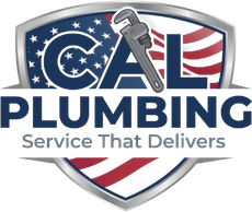 Logo for Cal Plumbing featuring a shield design with an American flag background and a wrench icon.