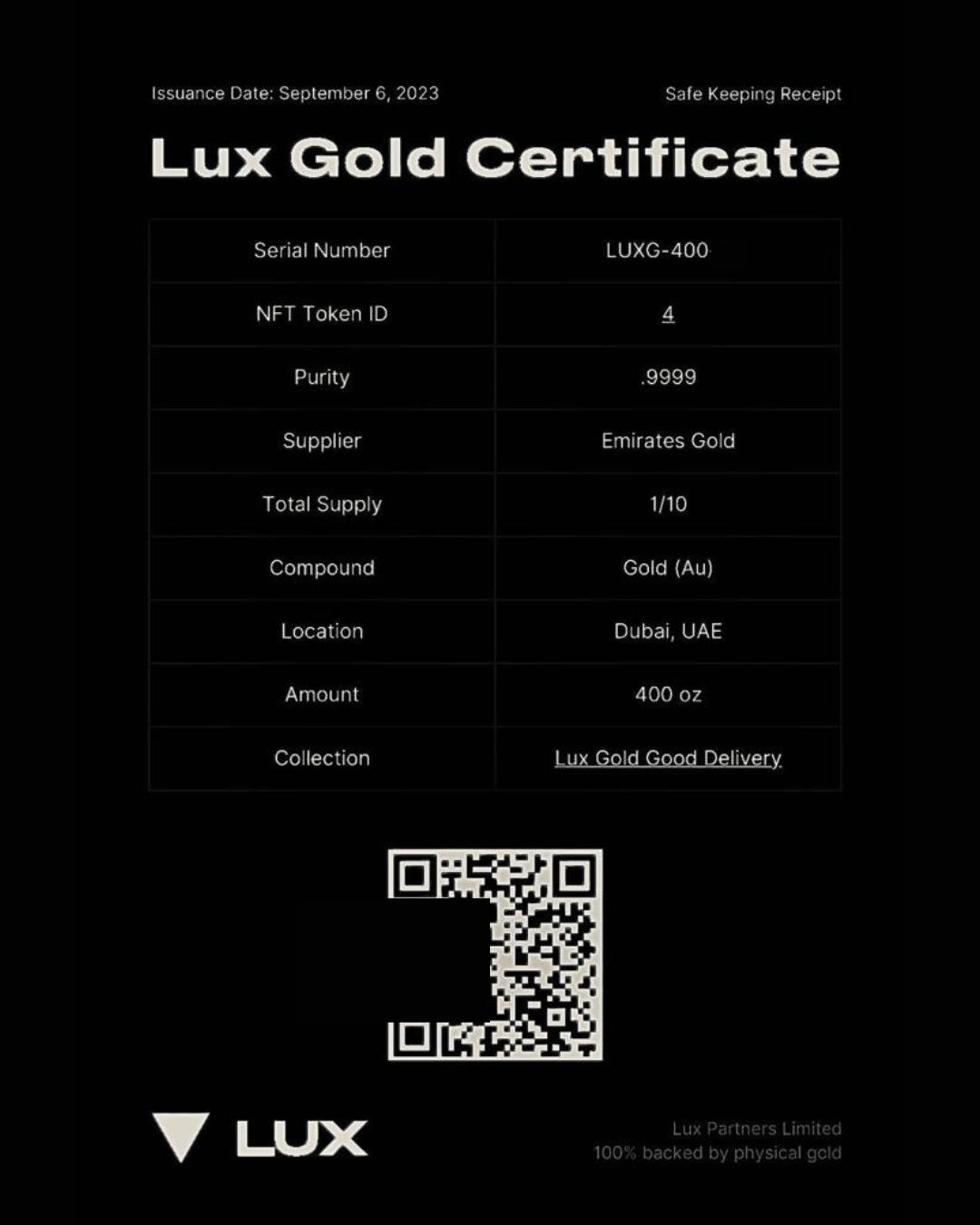 a lux gold certificate with a qr code on it