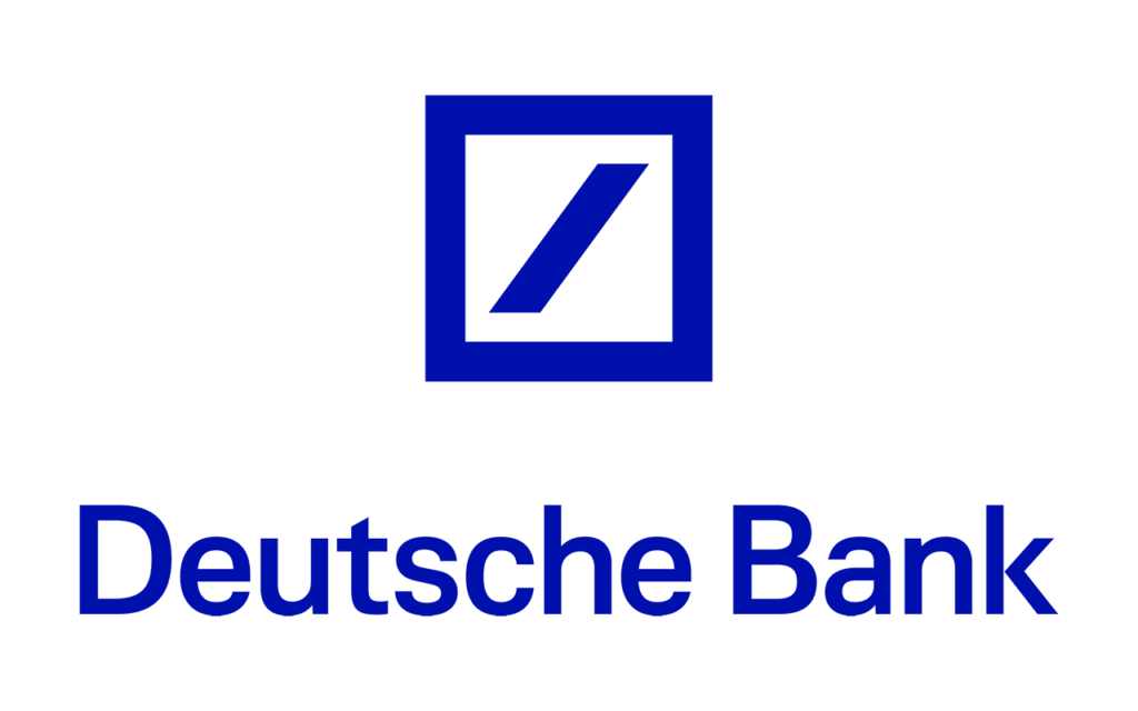 The logo for deutsche bank is a blue square with a diagonal line in it.