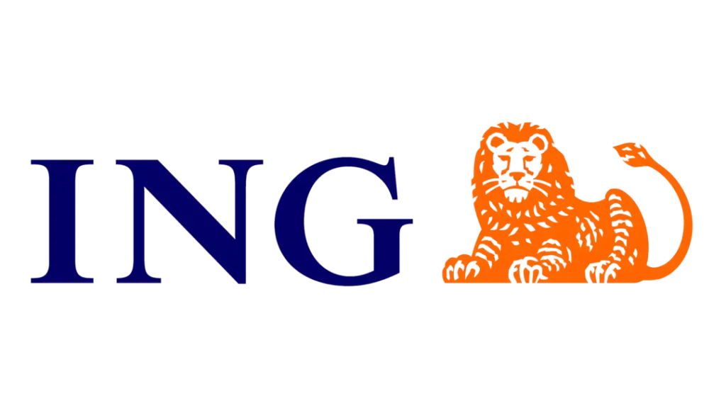 A blue and orange logo for ing with a lion on it