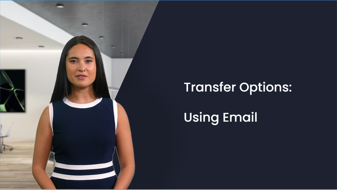 A woman is standing in front of a sign that says transfer options using email