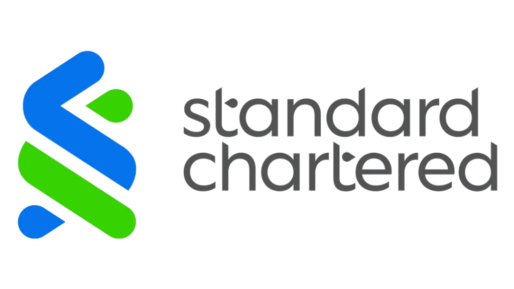 The logo for standard chartered bank is blue and green.