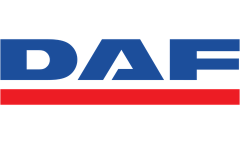 O logotipo azul da DAF apresenta letras maiúsculas em negrito acima de uma linha horizontal vermelha