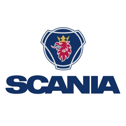 O logotipo azul e branco da Scania apresenta um grifo vermelho com uma coroa amarela.