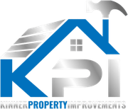 Logo for Kinne Property Improvements: Blue house outline with a hammer, silver "KPI", and business name.