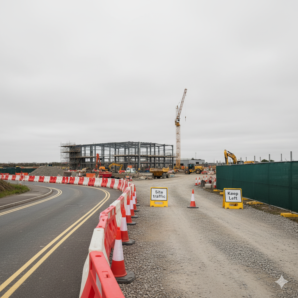 A construction site with a steel building frame, a tall crane, and yellow warning signs behind red traffic barriers.